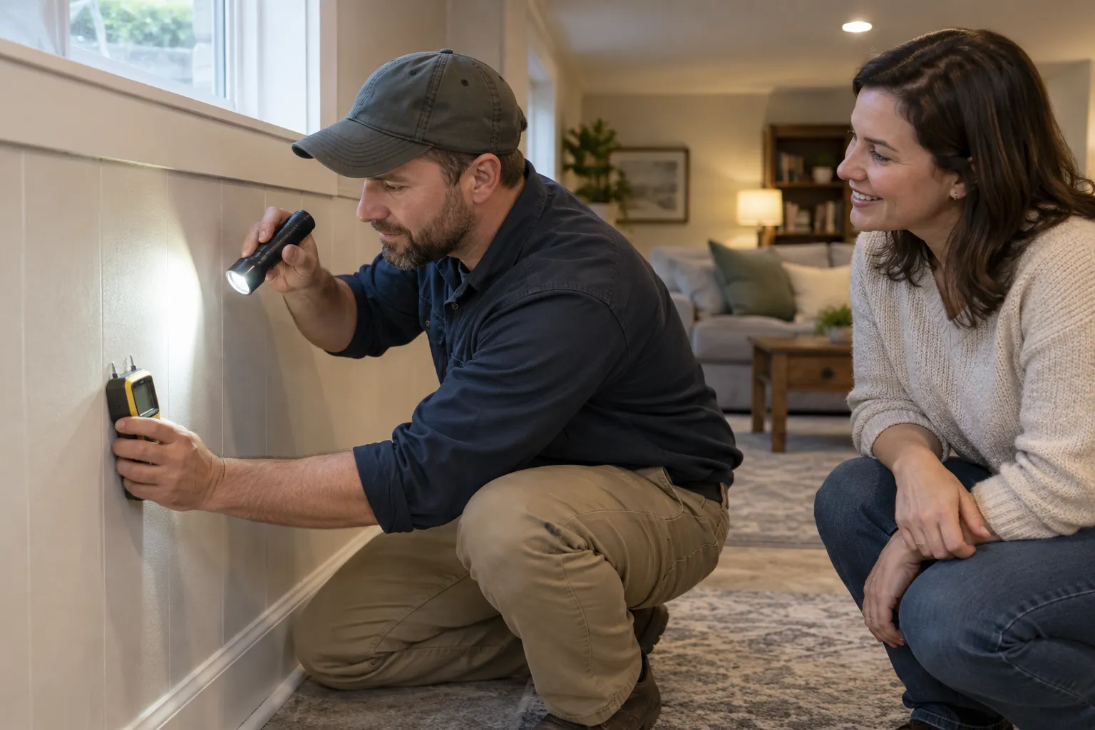 A friendly provider inspecting a basement wall for mold in a Brighton home