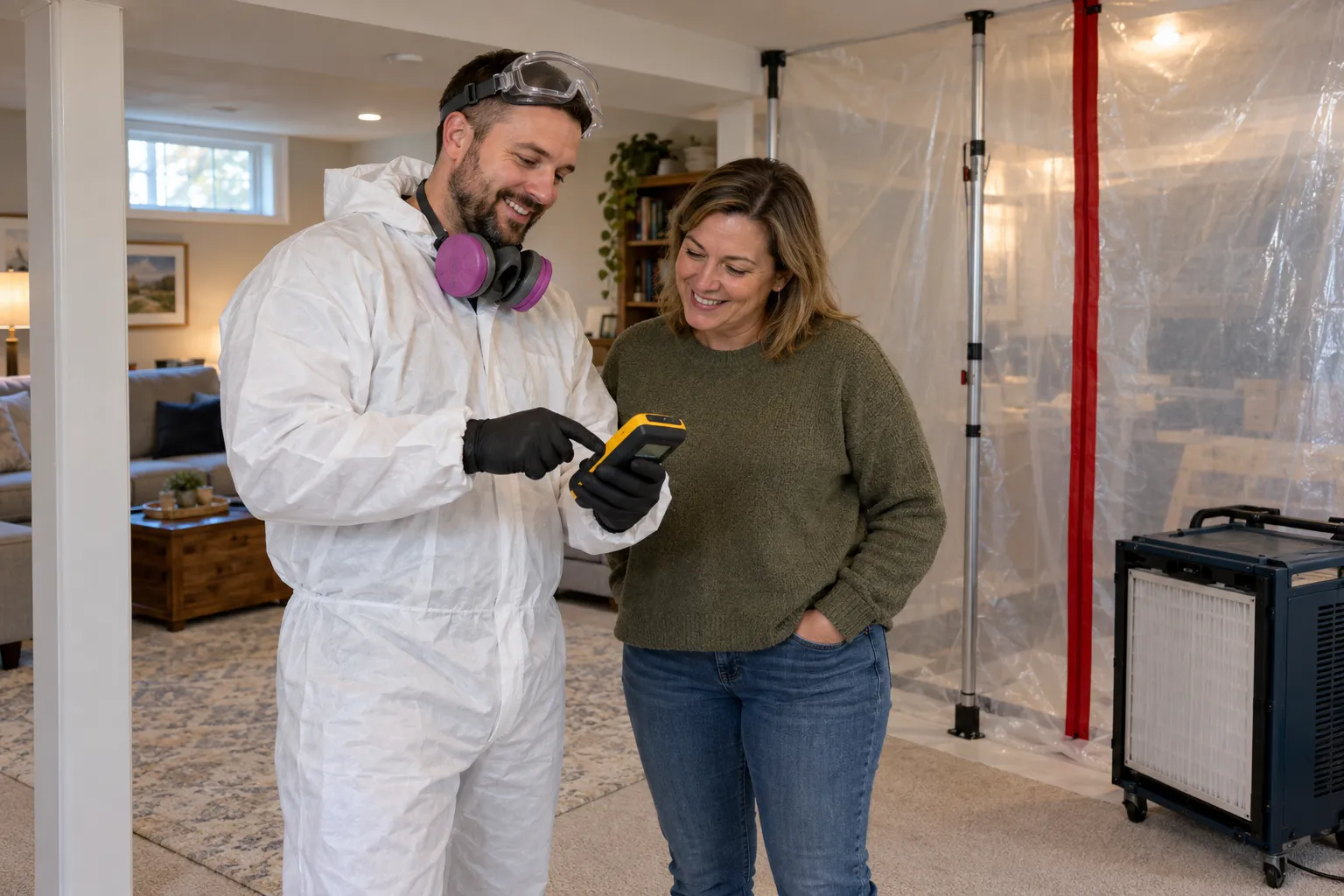 A friendly provider showing a homeowner a moisture reading in a basement in Brighton